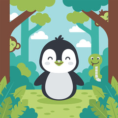 Cute cartoon penguin and friendly snake in a jungle scene isolated on white background
