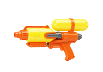 Orange and yellow water gun isolated, summer toy for kids and adults for outdoor water fights and pool parties PNG