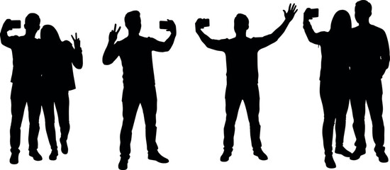 Silhouette people taking selfies with smartphones, peace sign gestures, group and solo poses, modern social media lifestyle vector illustration