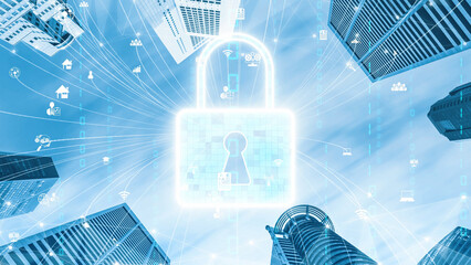 Illustration of a digital padlock symbolizing security above a modern city, highlighting themes of data protection, technology, and privacy in the urban landscape. Xenic