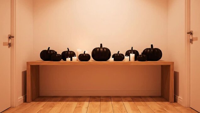 A row of carved black pumpkins with candles on a wooden shelf in a room with a warm orange glow and hardwood floor.
