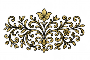 Gold floral ornament creating elegant baroque scroll border and decorative filigree design on transparent background