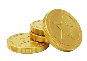 Stack of golden coins with star isolated on transparent background, reward tokens for games and loyalty programs PNG