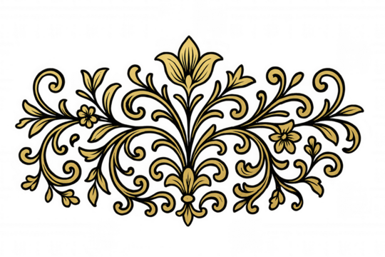 Gold floral ornament creating elegant baroque scroll border and decorative filigree design on transparent background