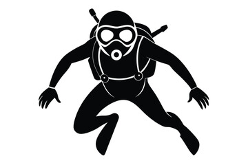 Black Silhouette Scuba Diver Illustration with Gear and Mask, Arms Extended, Diving Stance