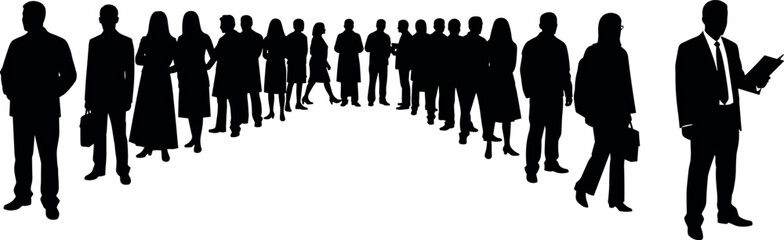 Silhouetted business professionals standing in queue, waiting in line for opportunity, career, interview, recruitment, or corporate event illustration.