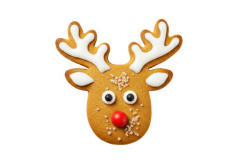 Gingerbread reindeer cookie isolated on transparent background, festive holiday treat for Christmas and New Year s Eve celebrations