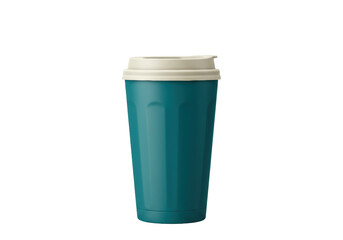 Teal reusable coffee cup with lid isolated, eco-friendly travel mug for hot drinks on a clean background