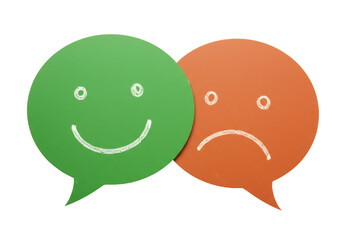 Green happy face and orange sad face isolated on transparent background, positive and negative feedback concept