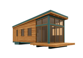 Modern tiny house isolated on transparent background, small home with wood siding and large windows for sustainable living