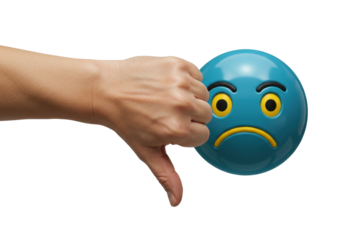 Hand giving thumbs down to sad face emoji isolated on transparent background, disapproval and negative feedback concept