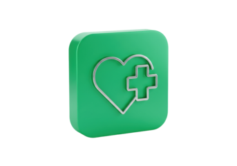 Green medical app icon isolated PNG, heart and cross symbol for healthcare applications and user interface design