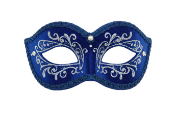 Elegant blue masquerade mask with silver glitter details isolated, festive costume accessory for carnival and party decorations