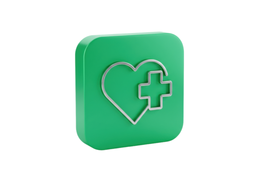 Green medical app icon isolated PNG, heart and cross symbol for healthcare applications and user interface design