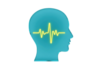 Turquoise head silhouette with yellow heartbeat line isolated on transparent PNG, mental health concept for medical and design use