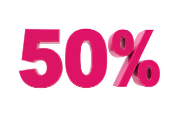 Bright pink 50 percent sign isolated on white, promotional sale graphic for marketing campaigns and retail discounts PNG