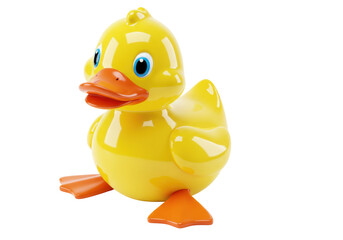 Yellow rubber duck isolated on transparent background, bath toy for kids and babies, classic childhood symbol