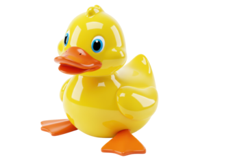Yellow rubber duck isolated on transparent background, bath toy for kids and babies, classic childhood symbol