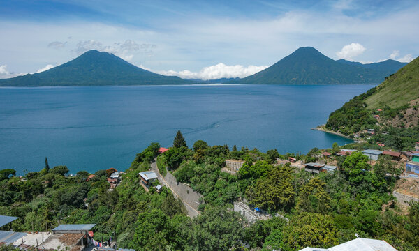 Santa Cruz la Laguna, Guatemala - July 21, 2025: View of Lake Atitlan from Santa Cruz la Laguna in the department of Solola, Guatemala.