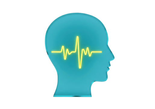 Turquoise head silhouette with yellow heartbeat line isolated on transparent PNG, mental health concept for medical and design use