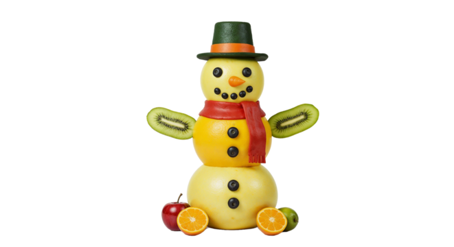 Fruit snowman with a cheerful smile wearing a hat and scarf surrounded by colorful fruits on a white background