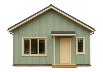 Small green house isolated on transparent background, cozy wooden cabin with windows and door for...