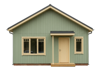 Small green house isolated on transparent background, cozy wooden cabin with windows and door for real estate or architecture