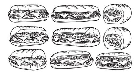 Philly Cheesesteak Line Art Fast Food Sketch Vector