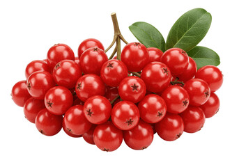 Red rowan berries isolated, vibrant autumn fruit with green leaves on a transparent background, seasonal harvest for healthy eating