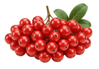 Red rowan berries isolated, vibrant autumn fruit with green leaves on a transparent background, seasonal harvest for healthy eating