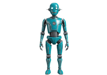 Retro teal robot standing isolated PNG, vintage android character for science fiction and futuristic design projects © Hughes