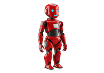 Red humanoid robot isolated PNG, futuristic android character with glowing blue eyes and mouth for technology and science fiction concepts