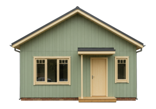 Small green house isolated on transparent background, cozy wooden cabin with windows and door for real estate or architecture