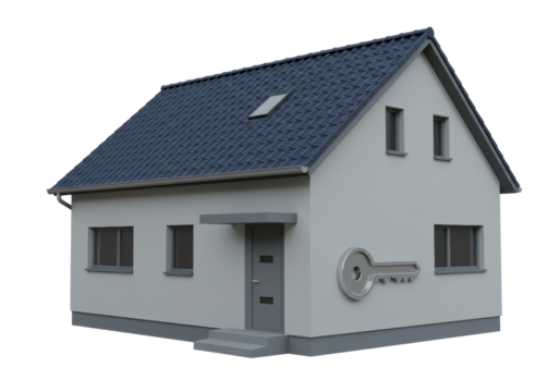 Modern house with key isolated on transparent background, real estate concept in gray tones, architectural model for property market