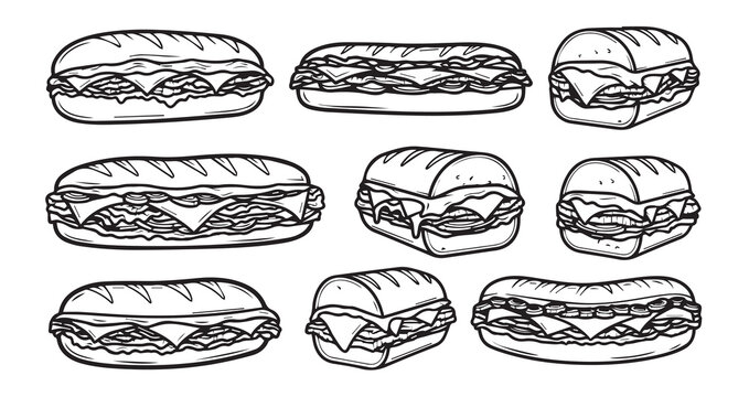 Philly Cheesesteak Line Art Fast Food Sketch Vector