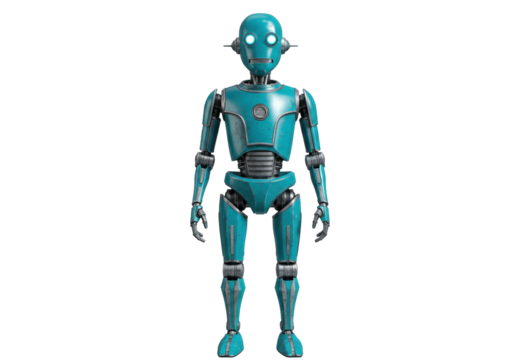 Retro teal robot standing isolated PNG, vintage android character for science fiction and futuristic design projects