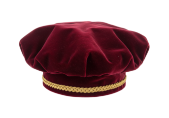 Burgundy velvet hat with gold trim isolated, vintage headwear for historical reenactment and theatrical costume