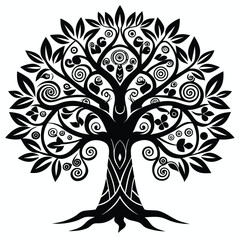 Ornate Black Silhouette Tree with Swirls, Leaves and Roots Vector Graphic Design