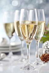 Elegant crystal wine glasses filled with sparkling champagne, arranged beautifully on a festive table, creating a luxurious atmosphere for celebrations and special occasions