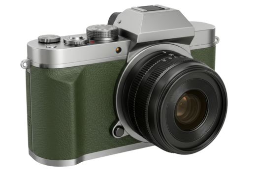 Olive green camera isolated on white, vintage style digital camera for photography enthusiasts and professional photographers