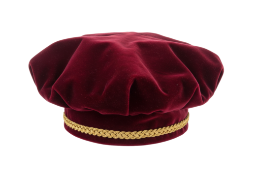 Burgundy velvet hat with gold trim isolated, vintage headwear for historical reenactment and theatrical costume