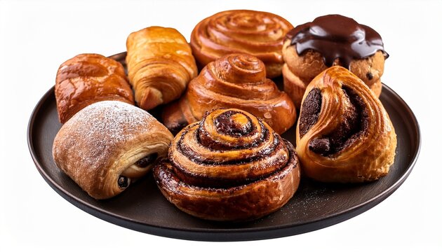 Different Kinds Of Pastry On A Platter Such As Crossaint And Cinnamon Rolls With Chocolate