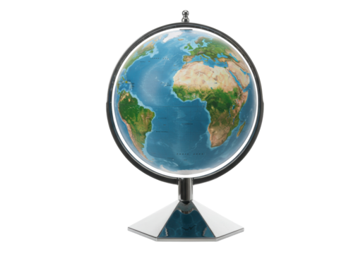 Detailed world globe isolated on a clean background, geographical model for education and exploration, PNG