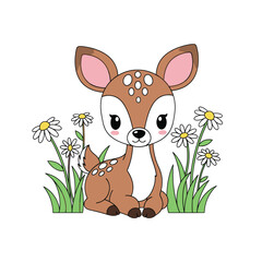 Adorable cartoon fawn sitting amongst daisies and grass isolated on white background