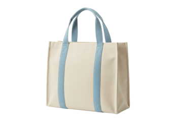 Beige canvas tote bag with blue handles isolated on white, reusable shopping bag for groceries and everyday use