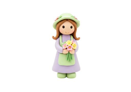 Clay figurine of a girl with flowers isolated on transparent PNG, handmade craft for spring and Easter decorations - Powered by Adobe