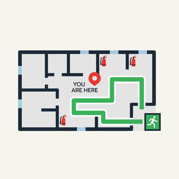 Floor plan showing emergency exit route with green arrow and exit sign.