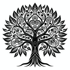 Black and White Decorative Tree Design with Leaves, Circles, Spirals, and Heart Shapes