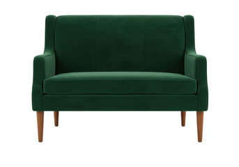 Elegant emerald green velvet armchair isolated, modern accent chair with wooden legs for living room or lounge area decor