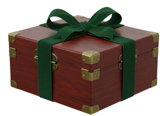 Elegant wooden gift box with green velvet ribbon isolated, present for special occasions and holidays on transparent background